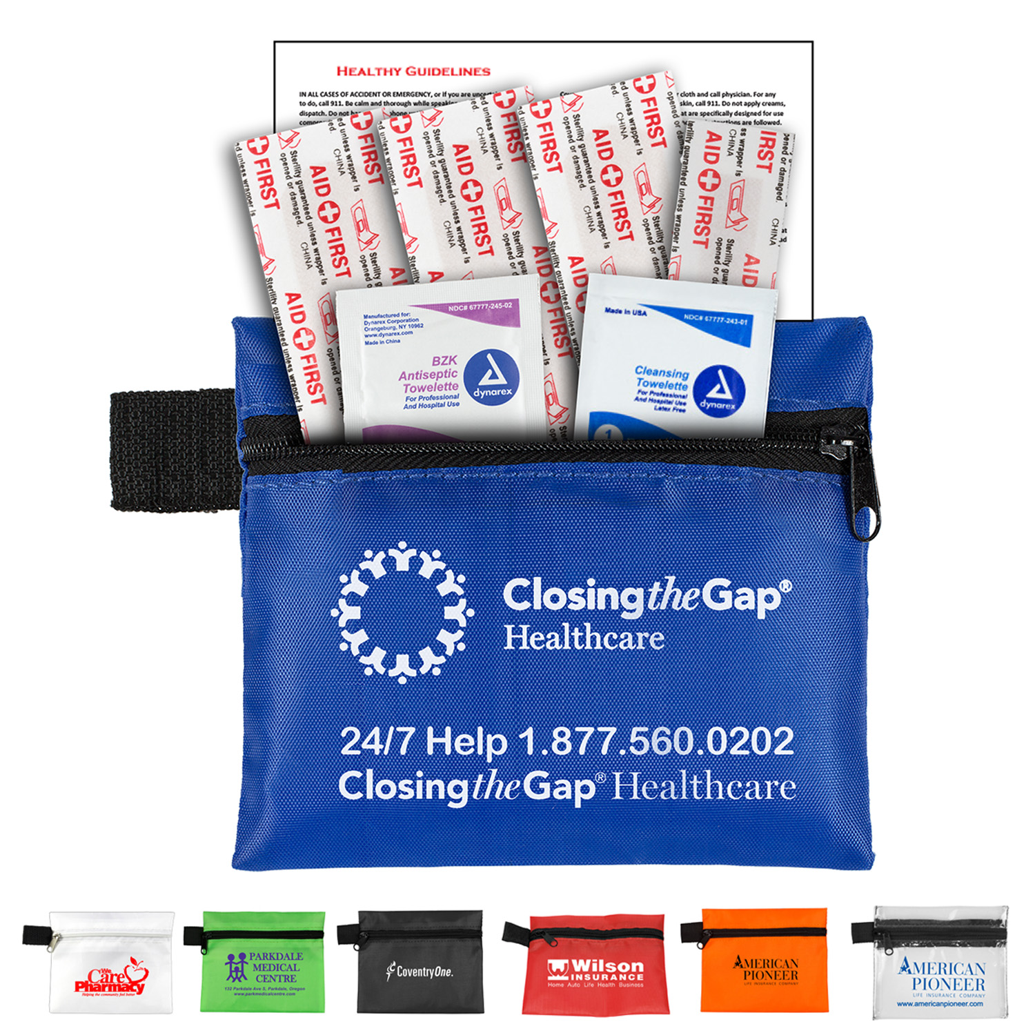 “Tag-a-Long” 7 Piece First Aid Kit Components inserted into Zipper Pouch